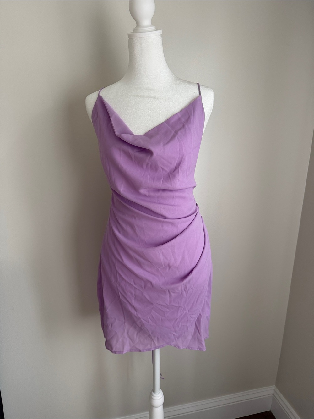 Lucy in the Sky Lavender Cowl Neck Mini Dress. Homecoming dress.